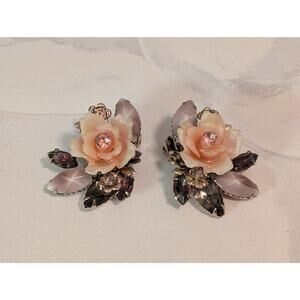 Vintage c1950s Unsigned Beau Jewels Pink Floral & Rhinestone Clip-On Earrings